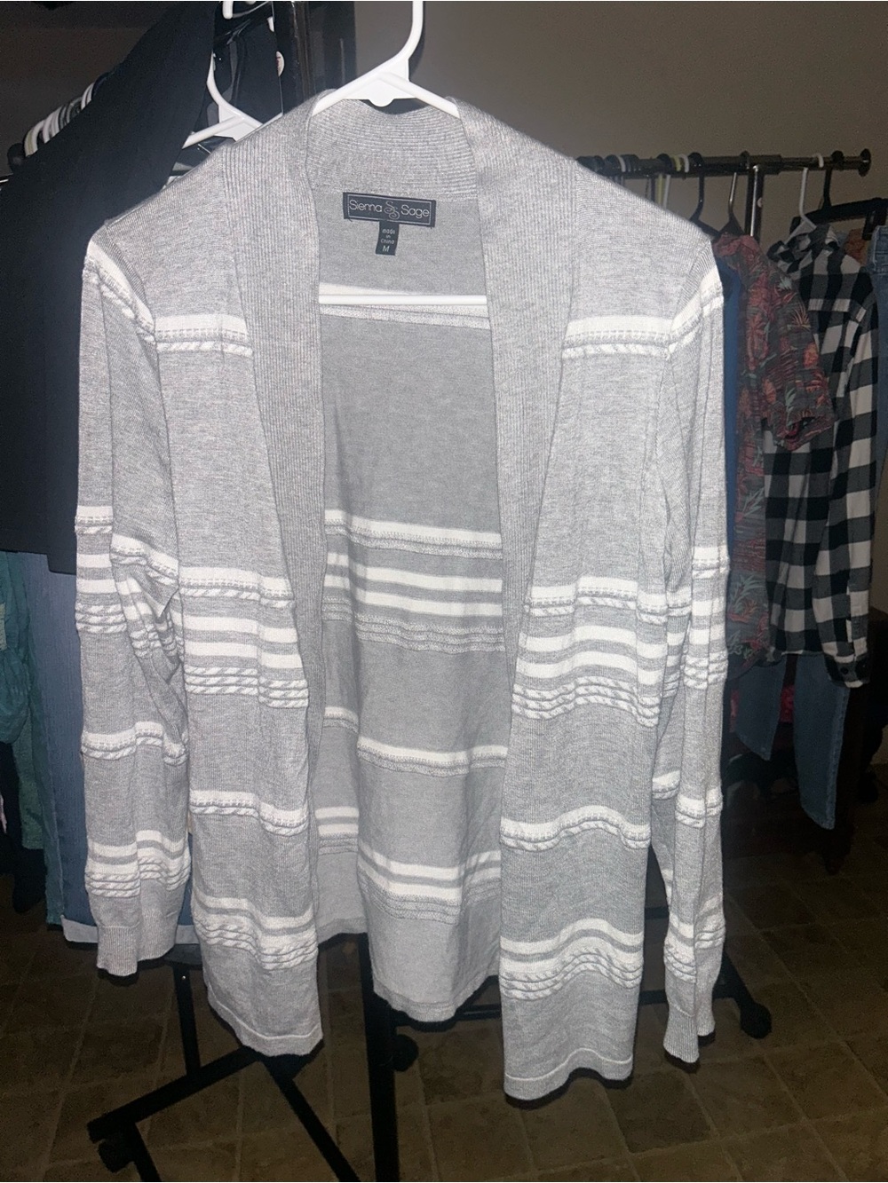 Women’s Gray and White Open Front Striped Sweater Cardigan